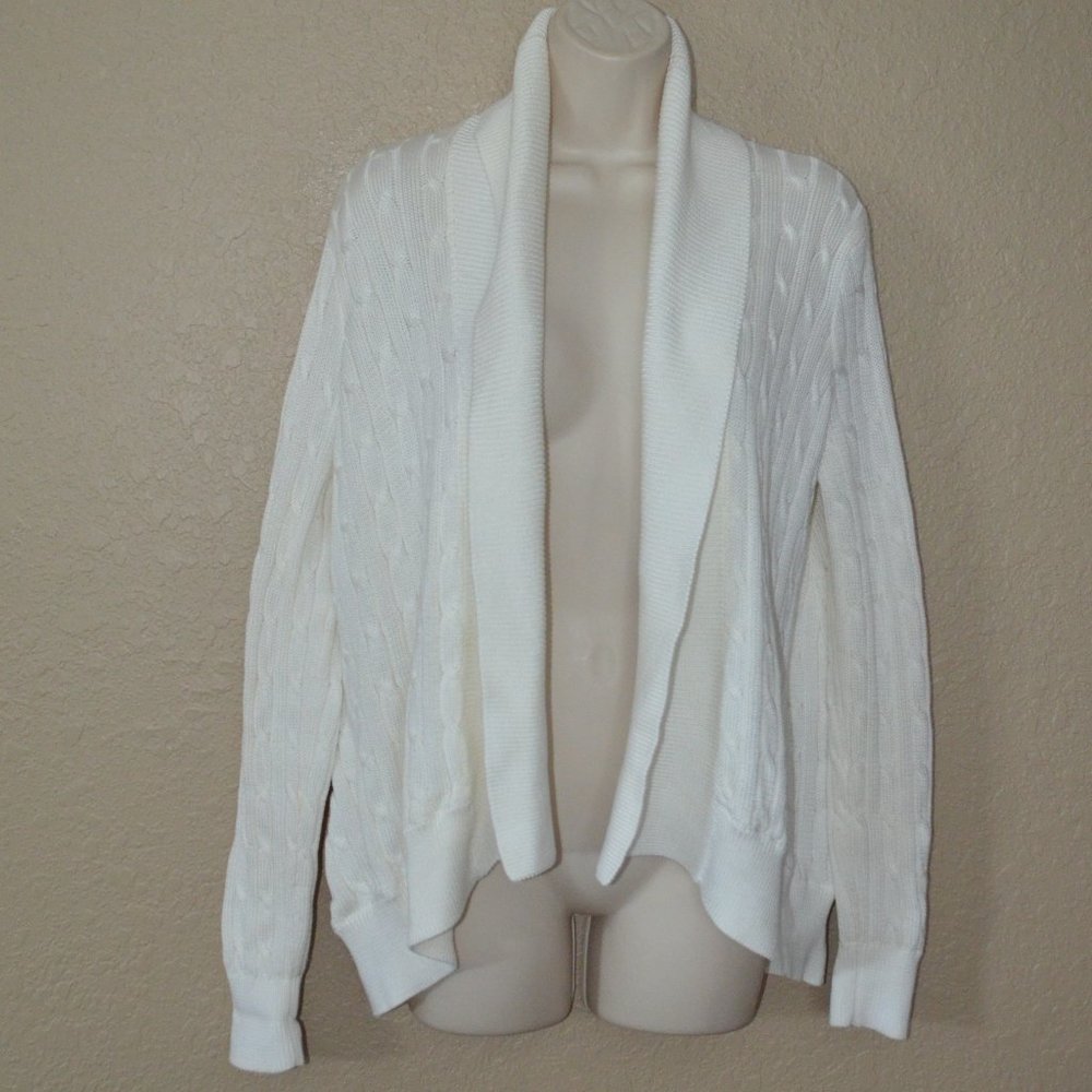 Sz M Ralph Lauren White Cable Knit Open Front Cardigan Sweater